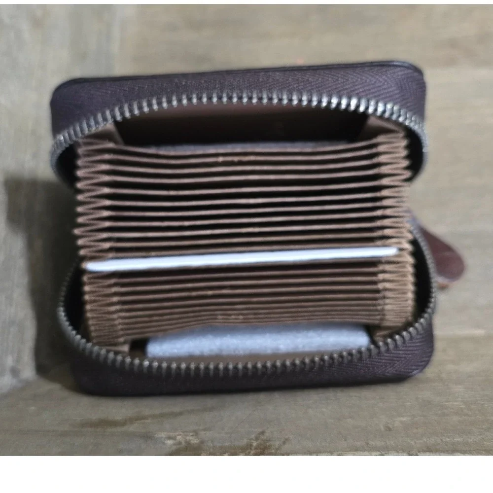 Geruola‎ Brown Leather Accordion Zip 20+ Credit Card Holder mini wallet KOREA